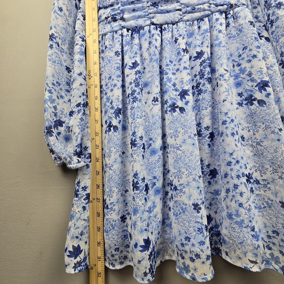 Baby Doll Bubble Long Sleeve Ruched Floral Chiffon Dress Blue Womens Size S - Picture 11 of 11